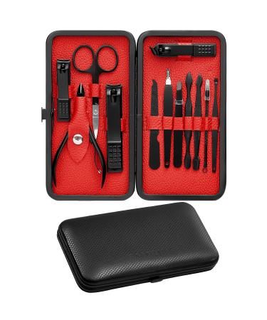 Manicure Set, Familife Nail Clippers Manicure Kit Nail Kit 12Pcs Manicure Tools Professional Mens Grooming Kit Black and Red Leather Case Pedicure Kit Nail Cutter Nail Clipper Set Gifts for Men Women