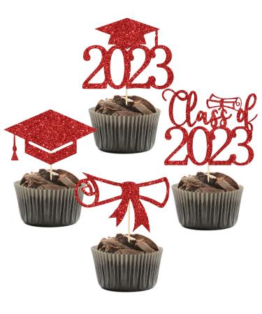 Class of 2023 Graduation Cupcake Toppers Red Glitter Graduation Cake Topper Congrats Cake Topper Graduation Cupcake Toppers 2023 Grad Cap Cupcake Topper Graduation Party Decorations 2023