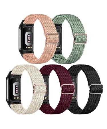 Gugobit 5 pieces Elastic bracelet Compatible with Fitbit Charge 6/Fitbit Charge 5 bracelet adjustable nylon breathable replacement parameters for Fitbit Charge 6/Fitbit Charge 5 women men Hellrosa/wine red/polar star/black