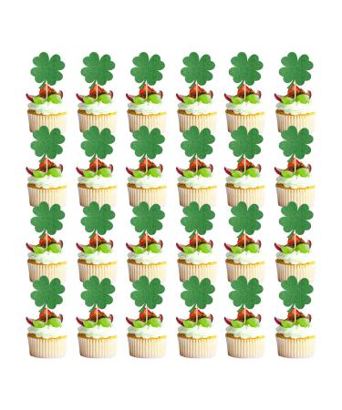 Leetaivie 24 Pcs Four- Leaf Clover Cupcake Topper Green Glitter Lucky Four- Leaf Clover Cupcake Topper St. Patrick's Day Theme Birthday Party Cupcake Decorations
