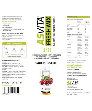 ASVITA Fresh Mix Beverage Concentrate - Sugar-Free Syrup in 26 Flavors (Sour Cherry) - 1 Liter Bottle | International Shipping Available - Buy Online on GoSupps.com
