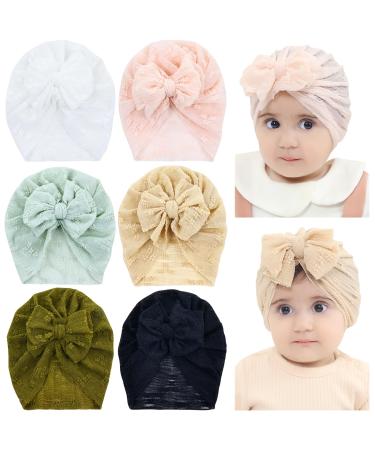 Cinaci 6 Pieces Cute Stretchy Soft Baby Turban Hats with Bow Donut Knot Nursery Hospital Caps Beanies Bonnets for Baby Girls Newborns Infants Toddlers 6PCS S6