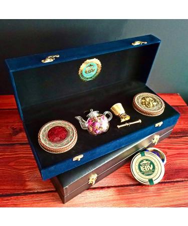Luxurious Saffron Gift Box for Chefs: 9 Gr Grade A+ Organic Super Negin Coupe Saffron Threads Green Cardamom Rose Bud Tea Dried Saffron Teapot Small Brass Mortar and Pestle (Navy Velvet Box) - Buy Online on GoSupps.com