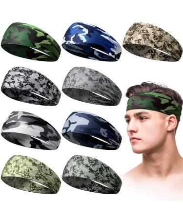 Sweatbands for Men Workout Sport Headbands for Men Camo Headband Sweat Absorbing Headband Wide Sweatband for Head Basketball Football Cycling Running Yoga, 4.7 x 9.8 Inch Mixed Style