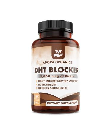 Adora Organics DHT Blocker Supports Hair Extension Scalp Health with Zinc Iron Biotin Ashwagandha Green Tea Leaf 2000mcg of Biotin Per Serving 180 Capsules