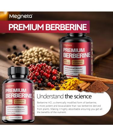 MEGNETA Premium Berberine HCl Complex with Cinnamon & Turmeric Heart Health Help Sugar Metabolism Balanced 60 Capsules 30-Day Supply - Buy Online on GoSupps.com