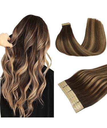 DOORES 50g Human Hair Extensions Tape in Remy Balayage Chocolate Brown to Caramel Blonde Silky Straight Tape in Hair Extensions Natural Hair Extensions Real Hair 20pcs 16 Inch 16 Inch #4/27/4 Chocolate Brown to Caramel Blonde