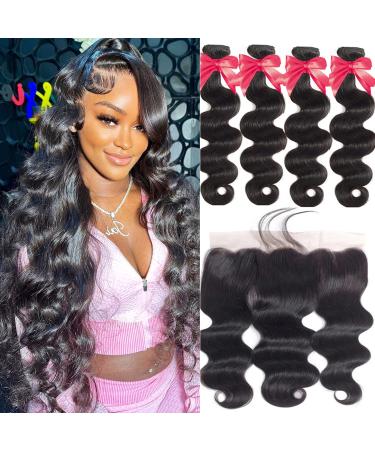 Bundles with Frontal Brazilian Body Wave Human Hair 4 Bundles with 13 * 4 Lace Frontal Closure 100% Unprocessed Virgin Human Hair Weave and Ear To Ear Lace Frontal (20 22 24 26+18  Natural Black) 20 22 24 26+18 Body Wave...