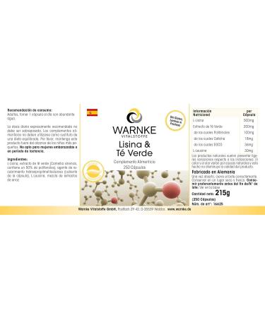 Lysine and Green Tea 500 mg L-Lysine 200 mg - Green Tea Extract - 250 Capsules - Vegetarian - 50% Polyphenols | Warnke Vitalstoffe - Quality from German Pharmacies - Buy Online on GoSupps.com