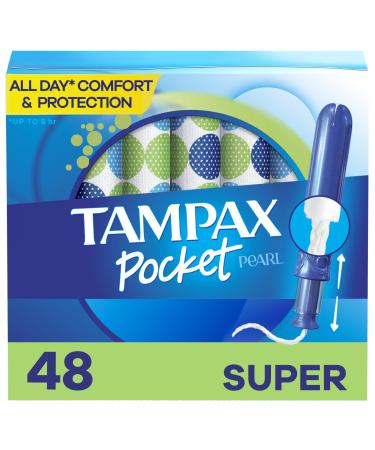 Tampax Pocket Pearl Tampons with LeakGuard Braid Super Absorbency Unscented 16 Count x 3 Packs (48 Count Total)