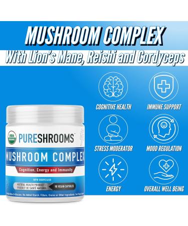 PureShrooms 3-in-1 Ultra Concentrated Mushroom Complex Capsule Supplement 30:1 - 1700mg Organic Lions Mane Cordyceps & Reishi - Natural Brain & Immune Boost Energy & Memory Enhancer Liver Support - Made in Canada (90 Capsules) - Buy Online on GoSupps.com