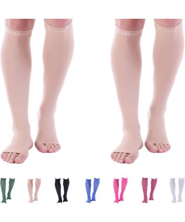 Doc Miller Open Toe Compression Socks 2 Pair 20-30mmHg Support Circulation Recovery Shin Splints Varicose Veins Skin/Nude Large