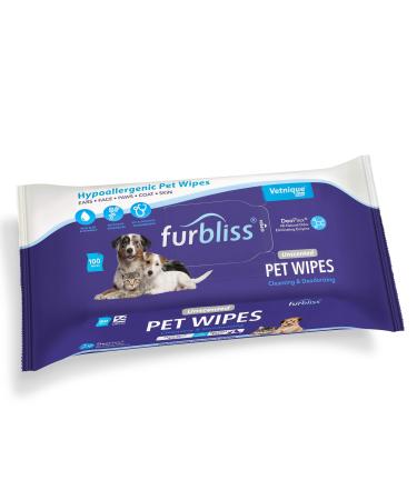 Furbliss Hygienic Pet Wipes for Dogs & Cats, Cleansing Grooming & Deodorizing Hypoallergenic Thick Wipes with All Natural Deoplex Deodorizer by Vetnique Labs Unscented Wipes 100ct Pouch