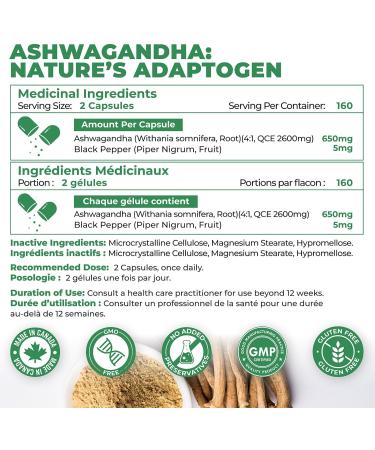 BONUS SIZE 160 Concentrated Ashwagandha Root Capsules with Black Pepper | 5200mg per serving (2600mg/Capsule X2) | Supports Resistance to Stress & Fatigue | Promotes Calm Restfulness Focus & Energy | 160 Vegan Capsules | Canadian Made Quality Assured - Buy Online on GoSupps.com