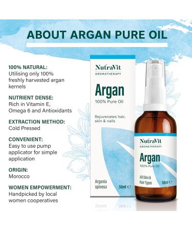 NutraVit - Moroccan Argan Oil | 100% Pure Argan Oil (Argania spinosa) - 50ml - Argan Oil for Hair Skin Face & Nails - from Morocco - Virgin Cold Pressed Deodorised Hexane-Free & Vegan Morrocan Argan - Buy Online on GoSupps.com
