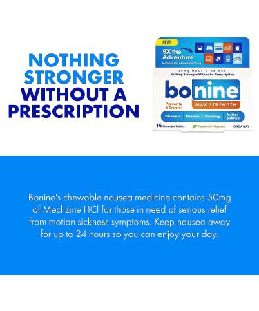 Bonine MAX Chewable Meclizine HCL 50mg for Motion Sickness Relief - Max Strength Formula, 16 Tablets, Peppermint - Cruise Essentials - Buy Online on GoSupps.com