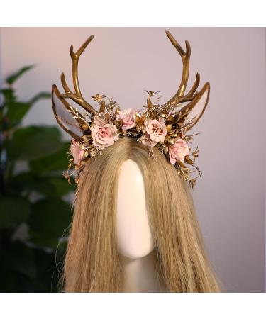 MOSTORY Handmade Gold Flower Antler Headband - Woodland Floral Reindeer Headpiece with Deer Ears Forest Fairy Hairband for Women Renaissance Halloween Cosplay Prom Photo Shoot Pink Rose - Buy Online on GoSupps.com