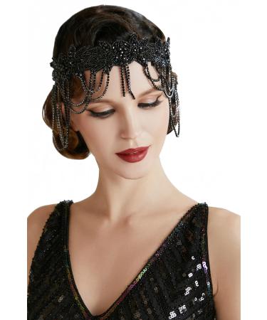 BABEYOND 1920s Flapper Headpiece Headband Great Gatsby Chain Headband for Women (Black)
