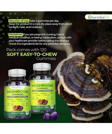 Mushroom Gummies Lions Mane Supplement Mushroom Supplement with Lions Mane Turkey Tail Cordyceps Reishi Chaga Extract | Brain Health and Immune Support Gummies 120 Count 60 Count (Pack of 2) - Buy Online on GoSupps.com
