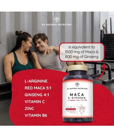 Maca Root Ginseng L-Arginine Energy Booster Capsules | Sports Performance Support with Zinc Vitamin C & B | Antioxidant Formula for Reduced Fatigue | 120 Vegan Capsules by N2 Natural Nutrition - Buy Online on GoSupps.com