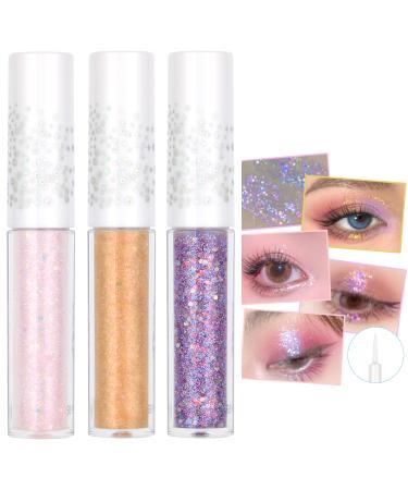 Geeneiya 3 Pack Glitter Liquid Eyeshadow Korean Eye Makeup Glitter Liquid Eyeliner Pigmented Long Lasting Quick Drying Loose Glitter Glue for Crystals EyeMakeup (3 Colors Mixed) Multicolored