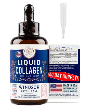 Concentrated Liquid Collagen Peptides Supplement - Hair, Skin, Nail, Joints Support - Sublingual Drops by WINDSOR BOTANICALS - 10,000mcg Collagen, 5,000mcg Biotin - Lemon Flavor - 2-Month - 2 oz 5,000 mcg biotin + 10,000 mcg collagen