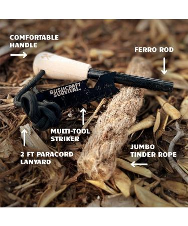 Bushcraft Survival Fire Starter Kit w/ Backpacking Multitool | Flint Steel Striker | Waterproof Ferro Rod Tool & Firestarter for Campfires | Includes Jumbo Tinder Rope - Buy Online on GoSupps.com
