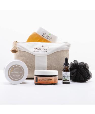 Zakia's Morocco Moroccan Hammam Spa Rejuvinating Ritual Beauty Skincare Kit - Four steps Six Piece Set for purifying toning cleansing and exfoliating for every skin type_AMBER MUSK