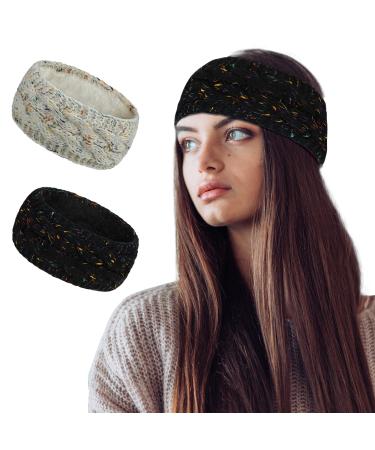 Styla Hair Ear Muffs Winter Women Knit Headbands Warm Soft Thick Fleece Lined Ear Warmers for Women Headband 2 Pack Value Winter Headbands for Women for Cold Weather -Confetti Black & Beige Black Beige