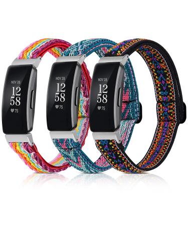 3 Pack Adjustable Fitbit Inspire 2 Bands Compatible with Fitbit Inspire 2 / Inspire HR/Inspire Soft Loop Nylon Fabric Breathable Stretchy Replacement Straps for Women/Men Ethnic blue + arrow green + red