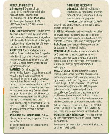 Gravol Ginger Traveler's Shield Probiotic - Nausea and Upset Stomach Relief - Reduces risk of Traveler's Diarrhea - Organic ginger with Probiotic - Non-Drowsy - 24 Capsules (Pack of 1) Ginger + Probiotic 24 Count (Pack of 1) - Buy Online on GoSupps.com