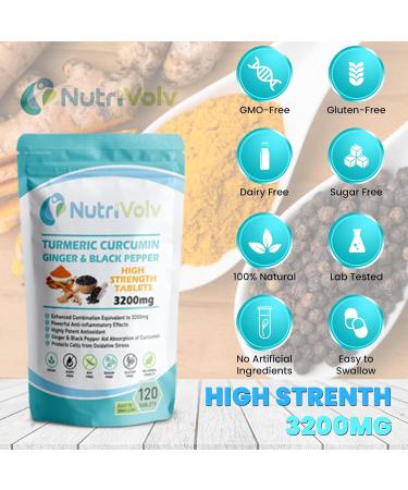 Nutrivolv Turmeric Curcumin 3200mg with Ginger & Black Pepper for Enhanced Absorption | High Strength | Organic | Vegan 120 Tablets | Joint Support Inflammation & Pain Relief - Buy Online on GoSupps.com