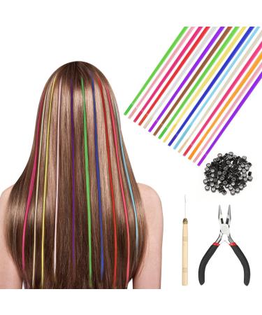 HIFOT 50 Pieces Coloured Hair Extension Synthetic Hair pieces for women Hairpieces hair braiding kit crochet hook hair extensions Pliers with 100 Beads for Girls Women