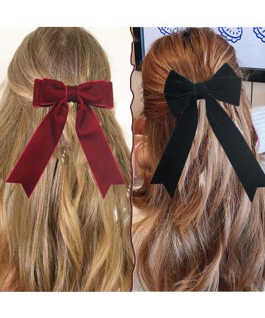 Velvet Bow Hair Clip Large Satin Ribbon Bow Hairpins Bows Hair Barrettes Fastener French Hair Bows with Long Ribbon Vintage Party Hair Accessories Women Girls Gifts 2PCS - Buy Online on GoSupps.com