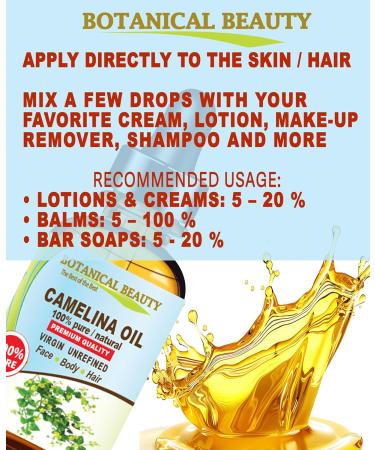 Botanical Beauty CAMELINA OIL 100% Pure Natural VIRGIN UNREFINED Cold-Pressed Carrier Oil 1 Fl oz 30 ml for Face Skin Body Hair Lip Nails. Rich in Vitamin E Omega 3 - Buy Online on GoSupps.com