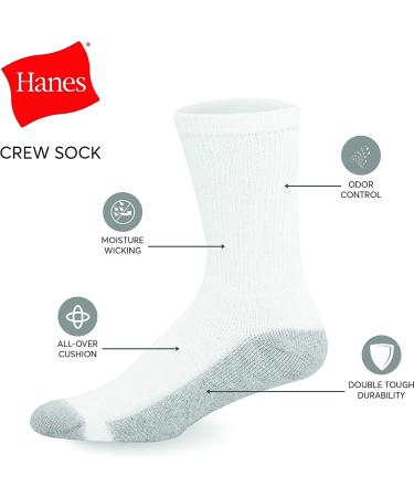 Hanes Men's Double Tough Crew Socks 12-Pack - White/Grey - Size 6-12 - Buy Online on GoSupps.com