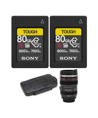 Sony 80GB CFexpress Type A Tough Series (2-Pack) Bundle with Rugged Memory Storage Carrying Case, and Camera Lens Mug (4 Items)