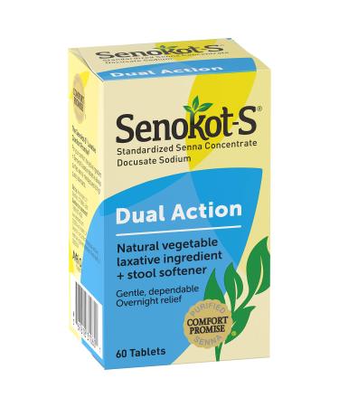 Senokot-S Dual Action Natural Vegetable Laxative Ingredient Plus Stool Softener Tablets, Docusate Sodium, Senna Concentrate, Gentle, Overnight Relief From Occasional Constipation, 60 ct 60 Count (Pack of 1)