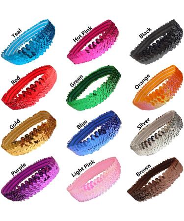 Kenz Laurenz Sequin Headband Pack - Set of 12 Glitter Elastic Stretch Fashion Headbands for Teens, Girls, Women - Perfect for Volleyball, Basketball Teams - Sparkly Hair Accessories - Buy Online on GoSupps.com