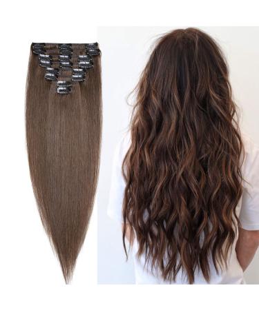 Clip In Extensions Human Hair Medium Brown #4 - Real Remy Human Hair Extensions 8 Wefts 18 Clips Hair Extension 80g - 50cm