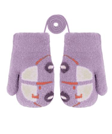 Girls Boys Cute Fox Knitting Short Full Finger Gloves Toddler Kids Winter Thermal Plush Lining Cycling Camping Gloves Mitten for 1-3 Yrs Car/Purple