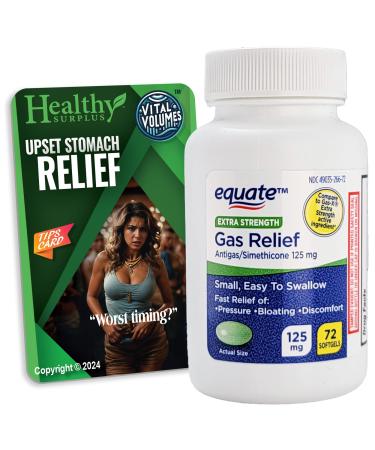 Equate Gas Relief Extra Strength - Simethicone 125 mg - 72 Softgels and Vital Volumes Upset Stomach Tips Card - Bundle