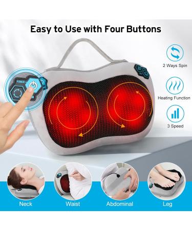 Shiatsu Massage Pillow with Heat | Deep-Kneading Neck Shoulder & Back Relief | 3 Speed Electrical Device - Light Gray - Buy Online on GoSupps.com