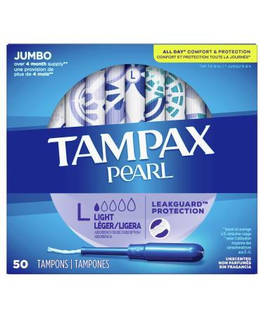 Procter & Gamble Tampax Pearl Tampons Unscented Lite Absorbency Ct, Blue, 50 Count 50 Count (Pack of 1)