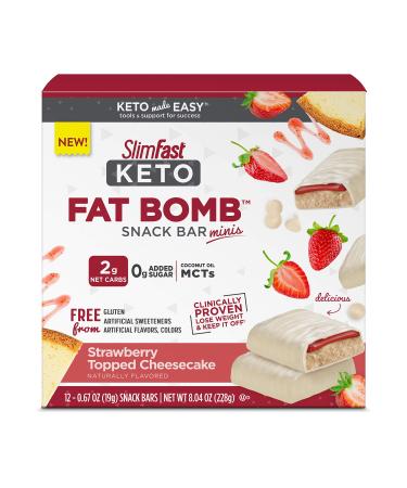 SlimFast Keto Fat Bomb Snack Bar Minis, Strawberry Topped Cheesecake, Keto Snacks for Weight Loss, Low Carb with 0g Added Sugar, 12 Count Box Strawberry Cheesecake