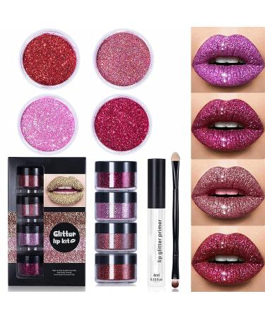 VSDY glitter lip kit glitter metallic lipstick glitter lips wiping -strength and long -lasting glitter lip kit with lip primer and brush (warm color)