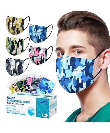 Black Disposable Face Masks - (50/100) Pack Protective Mask for Women and Men3 Ply Breathable Black Masks Adult-camouflage50 Pcs