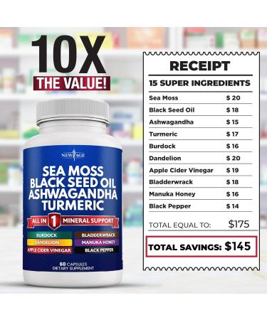NEW AGE Sea Moss Capsules Black Seed Oil Ashwagandha Turmeric Bladderwrack Burdock - with Manuka Honey Dandelion ACV Black Pepper Gluten Free 60 Count (Pack of 2) - Buy Online on GoSupps.com