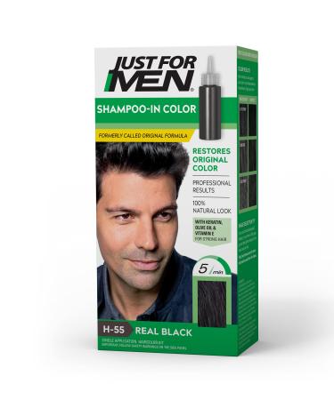 Just For Men Shampoo-In Color (Formerly Original Formula), Gray Hair Coloring for Men - Real Black, H-55 (Packaging May Vary) 1 Count (Pack of 1) Real Black
