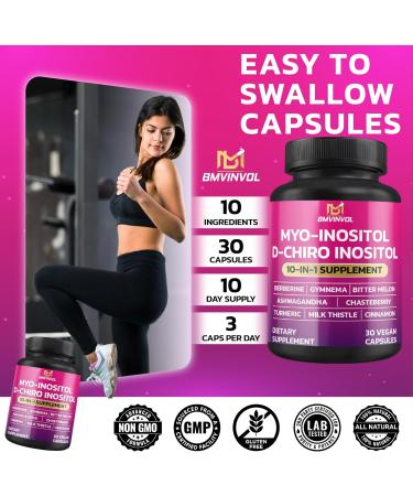 BMVINVOL Inositol Supplement - Myo-Inositol and D-Chiro Inositol Ideal 40:1 Ratio - Plus Berberine Cinnamon Ashwagandha + 5 More - 30 Capsules - Buy Online on GoSupps.com